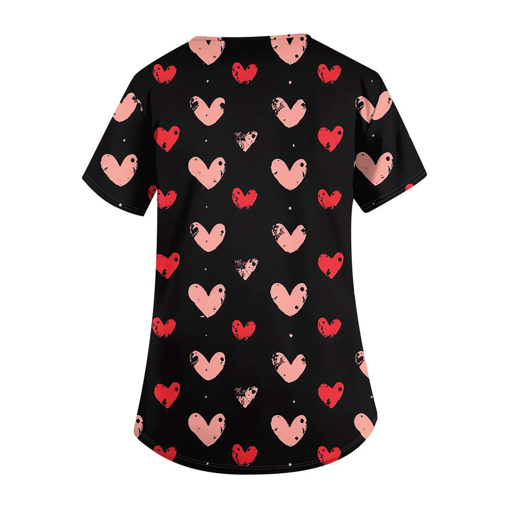 Women's Cute Bow Printed Work Clothes V,neck Double Layer Pockets Basic Short Sleeve Top Pullover