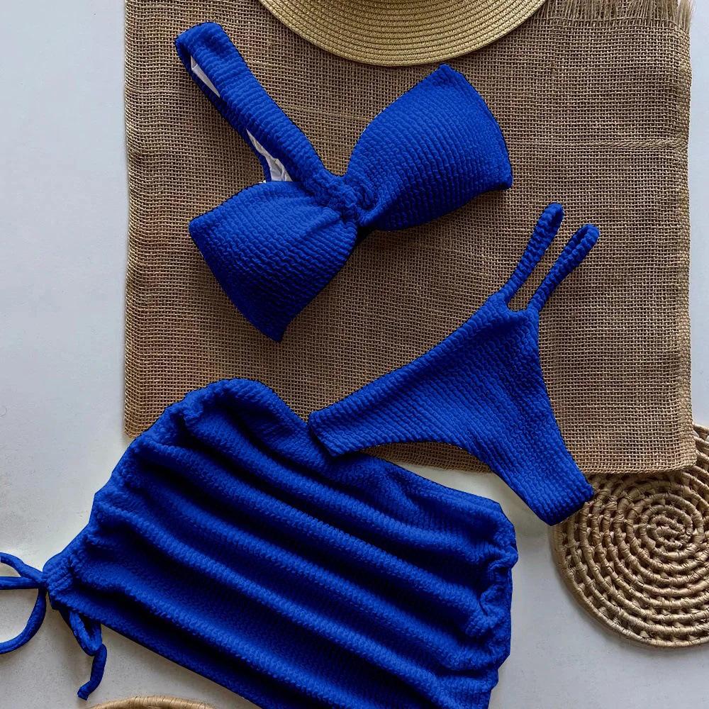 European & American One-Shoulder Bikini Set: 2025 Three-Piece Swimsuit with Mini Skirt