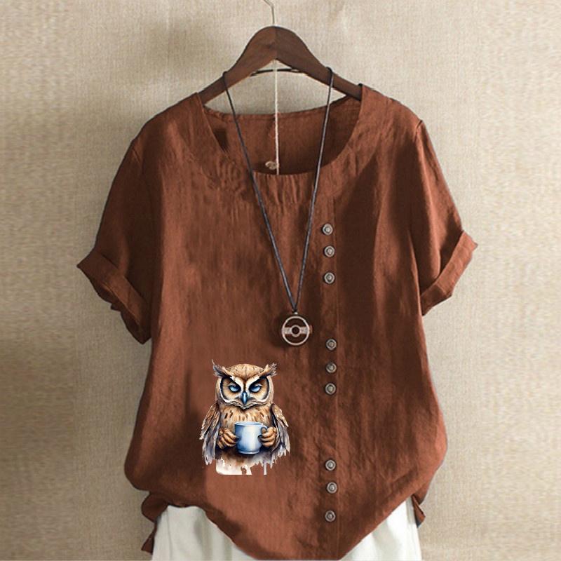 Women's Fashion Owl Prined Short Sleeve T-shirt Loose Cotton Shirt Casual Loose Summer Blouse Tops Plus Size
