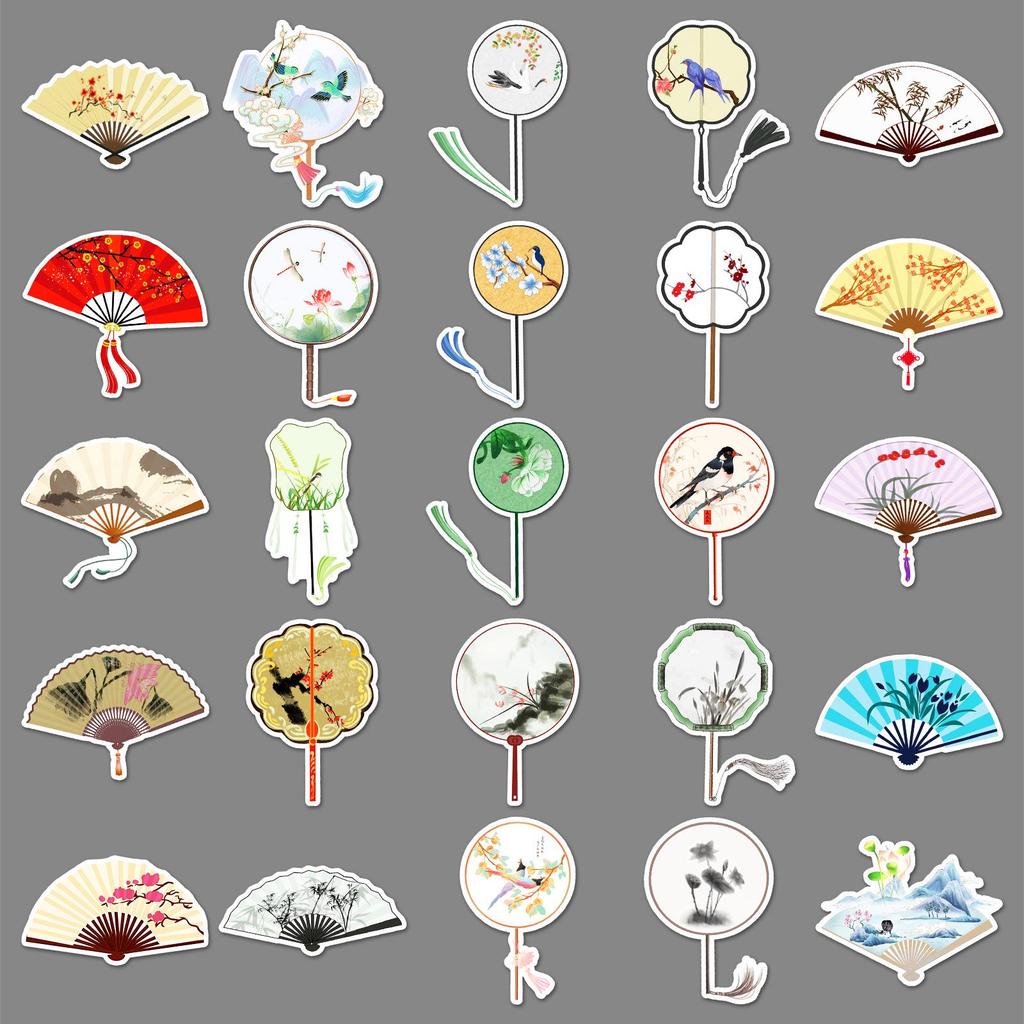 50 Chinese Style Fan Graffiti Stickers: Personalize Water Cups, Phones, Suitcases with Ancient Art