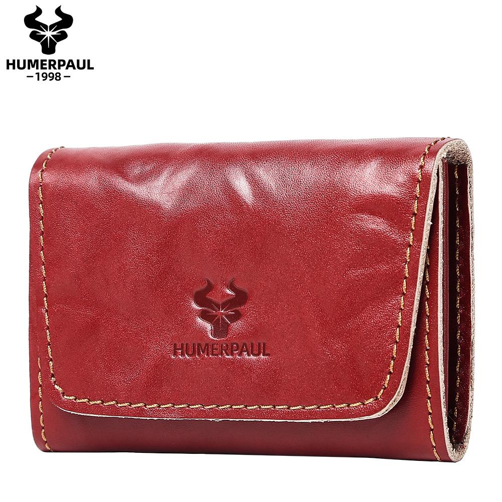 

HUMERPAUL Ladies wallet first layer cowhide solid color convenient retro style short coin purse credit card storage leather solid color card case красный