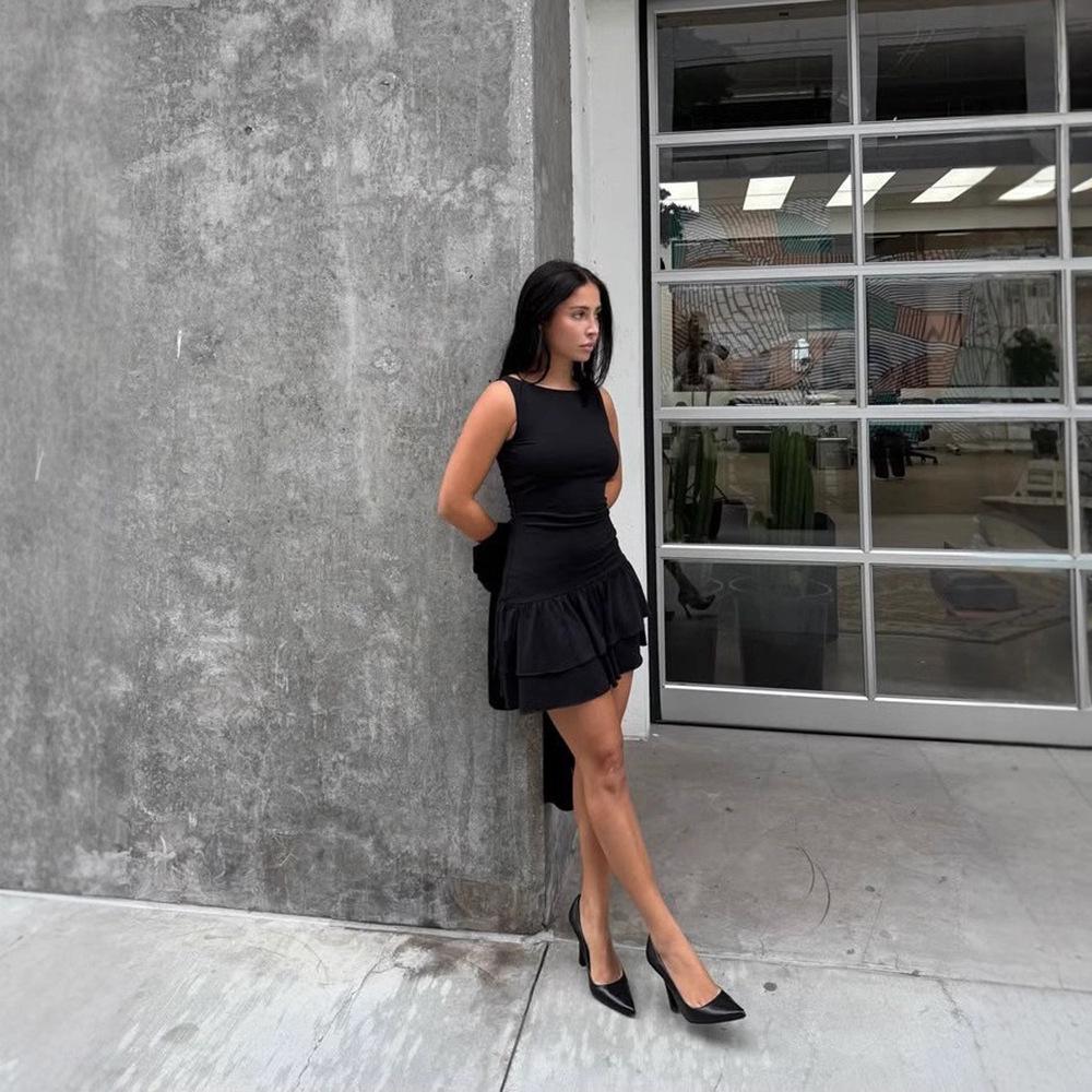 

Women s Spring/Summer Slim-Fit Sleeveless Dress with Waist-Cinching Design Small чёрный