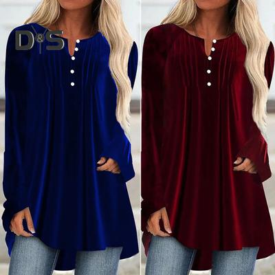 Camicia in velluto da donna con scollo a V, bottoni, mezza abbottonatura, manica lunga, orlo asimmetrico, pullover, top, tinta unita, lunghezza media