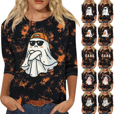 Women's Casual Three-Quarter Sleeve Neck T-Shirt with Halloween Print