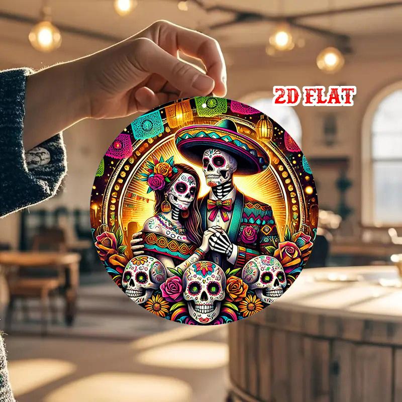 D Flat pc Day of the Dead Round Aluminum Sign Vibrant Mexican Culture Wall Art with Skeleton Couple Skulls Roses 20x20cm(8x8inch)