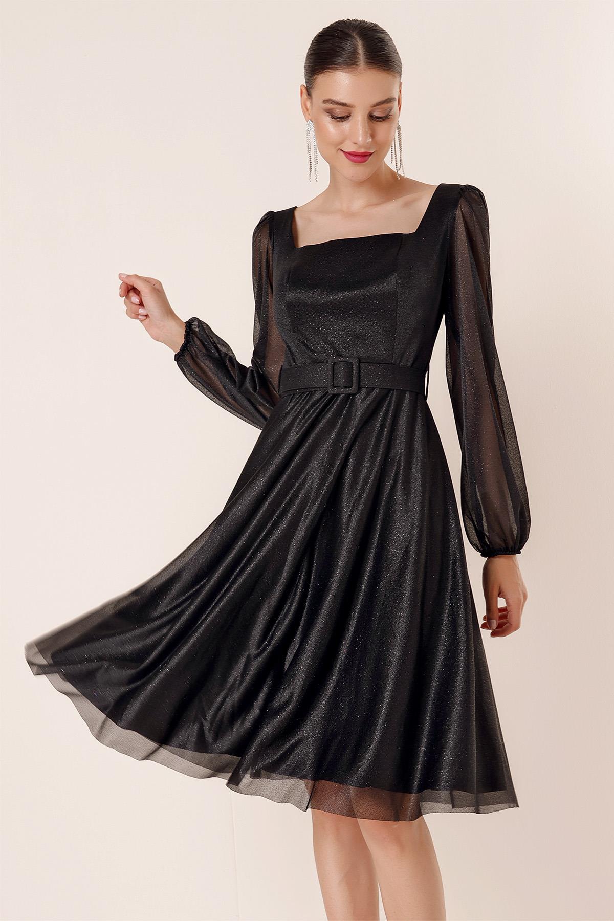 

Блестящее платье с подкладкой и подкладкой с пышными рукавами и поясом с квадратным вырезом XL чёрный