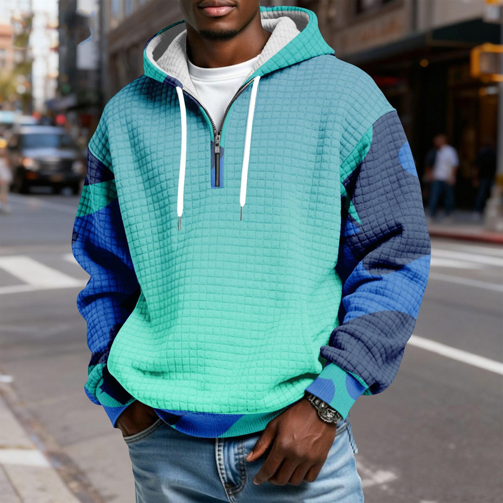 

Men s Half-Zip Hooded Plaid Pullover Drawstring Print Casual Sports Sweatshirt S