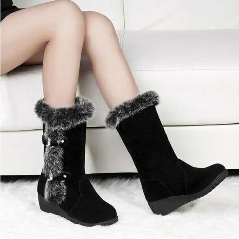 Fashion New Winter Women Boots Casual Warm Fur Mid-Calf Boots Shoes Women Slip-On Round Toe Wedges Snow Boots Shoes Muje Plus Size 42