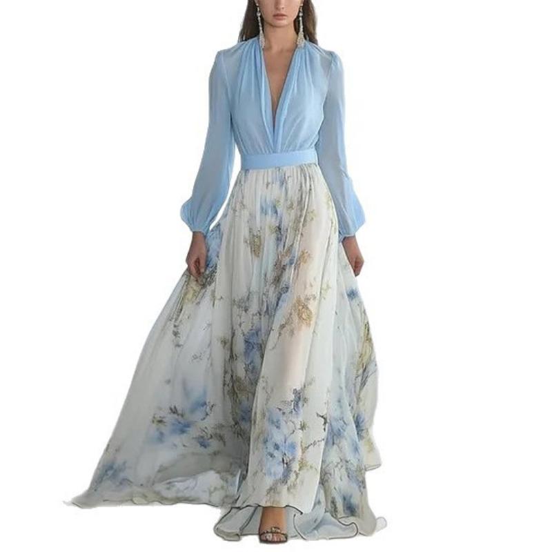 Moda Elegante Manica Lunga Scollo Profondo a V Abito Lungo Taglia Forte Stampa Cuciture Ampio Slim Primavera Autunno A-line Abiti da Festa Vacanza Abbigliamento Casual