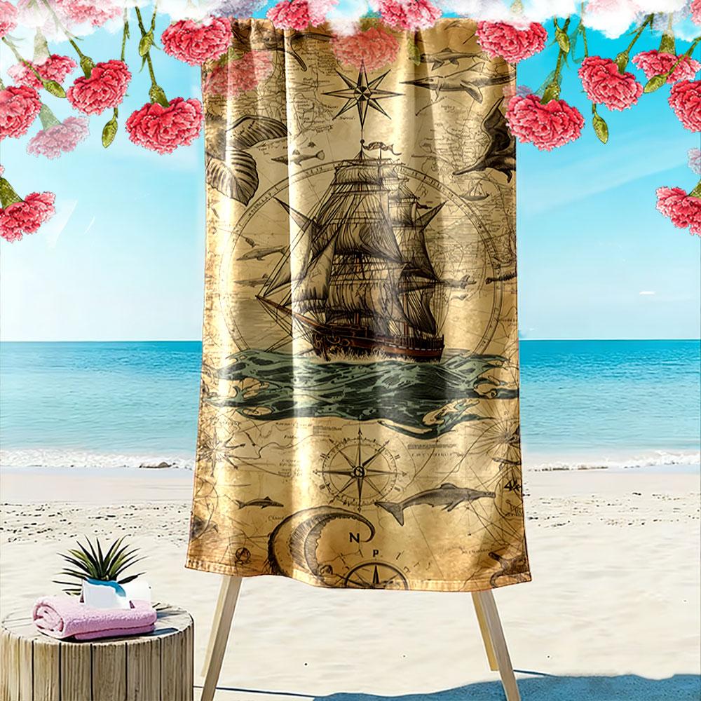 Vintage Nautical Ship Map Design Beach Towel Quick-drying for Travel Outdoor Sports Jogging Beach and Swimming
