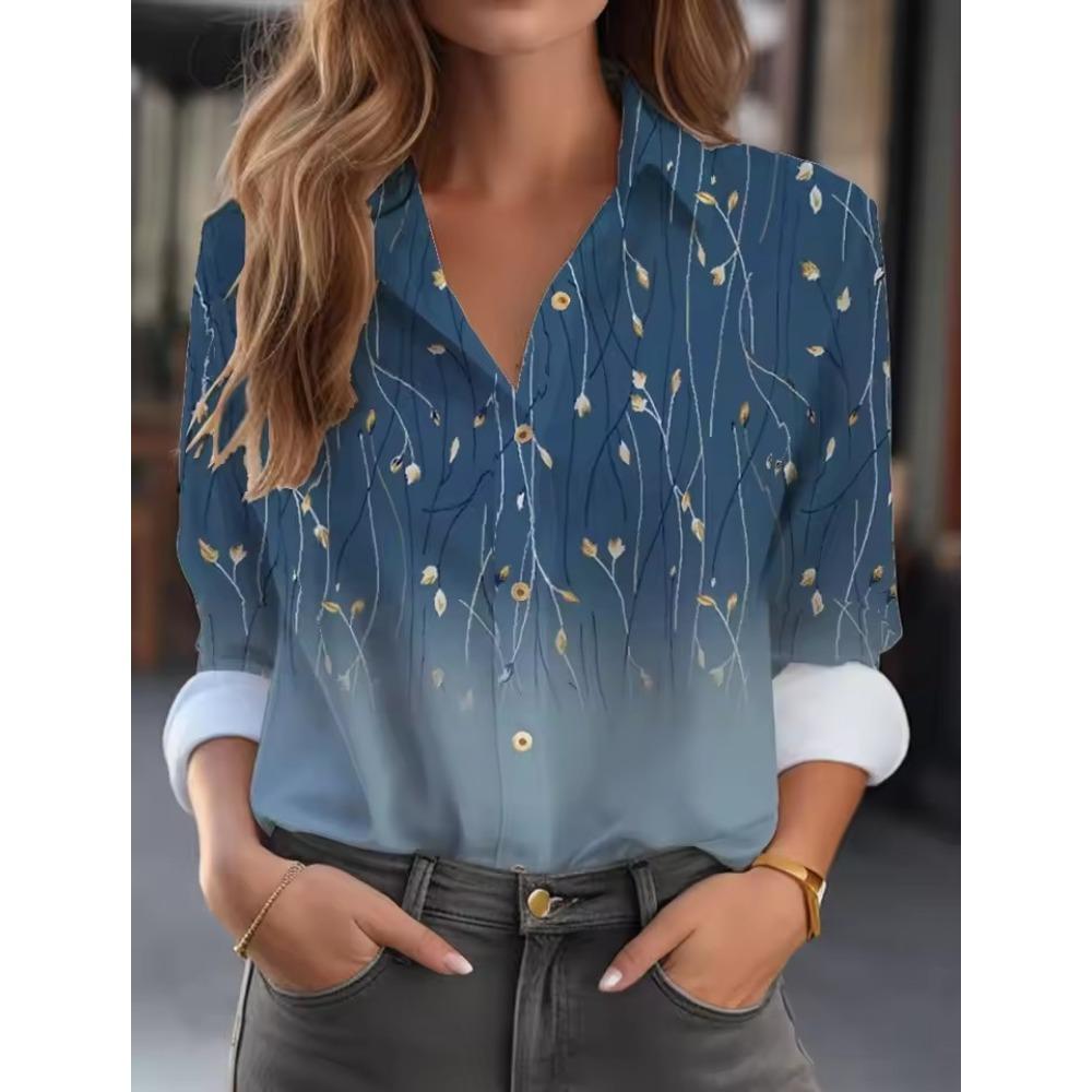 

Women Casual Feather Print Turn Down Collar Long Sleeve Shirt White Pink Blue for Autumn Woman Clothing XL