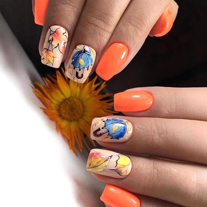 Fall Press On Nails Medium Square Fake Nails with Designs Maple Leaf Stick On Nail Thanksgiving Acrylic False Nail Bling Sequins Artificial Nail