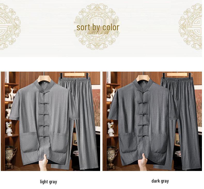 Breathable Ice Silk Tang Suit: Men's Summer Short-Sleeve Shirt & Pants Set for Middle-Aged and Elderly