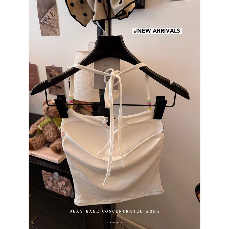 Kumikumi Gyaru Wind Print Beaded Cami Women clothes Autumn Retro With Chest Pad Hanging Neck Inner wear Top