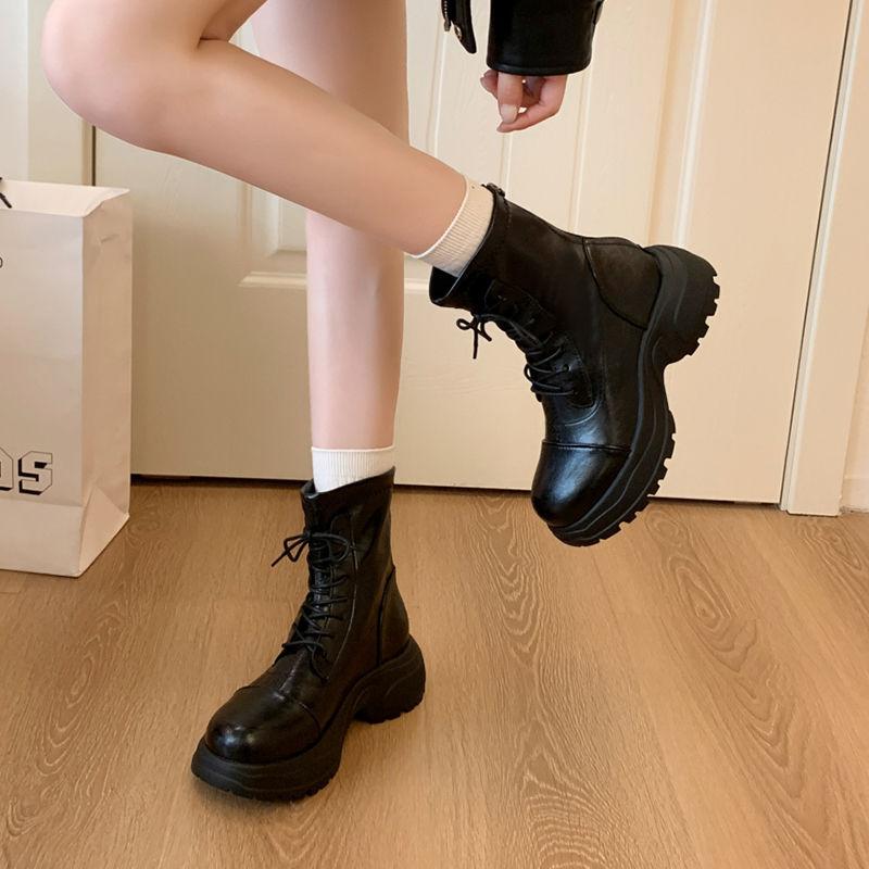 Thick-soled Martin boots women's new autumn British style retro versatile small man height increase black thin short boots