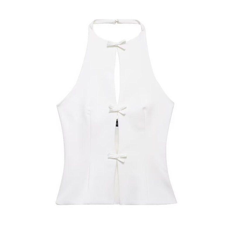 Fashion Style 2024 Summer New Arrival Women's Clothing Stylish Easiest for Match Bowknot Decoration Hanging Collar Tops 4772009