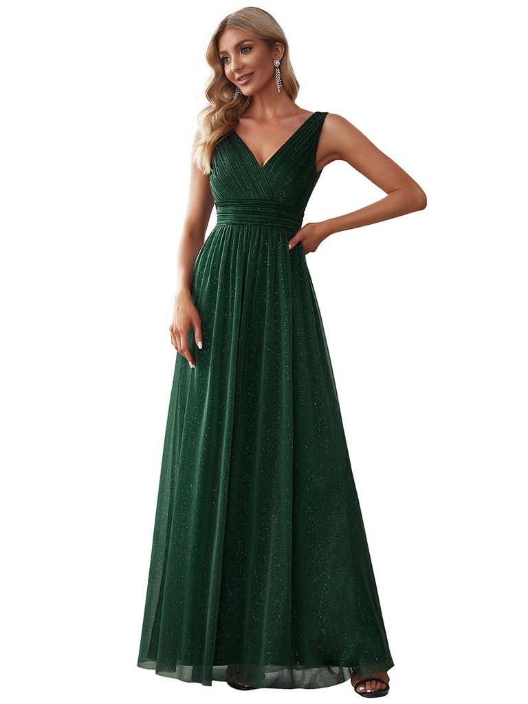 Ever-Pretty Women's Double V Neck Ruched Empire Wasit Floor Length Sparkly Evening Dresses for Party