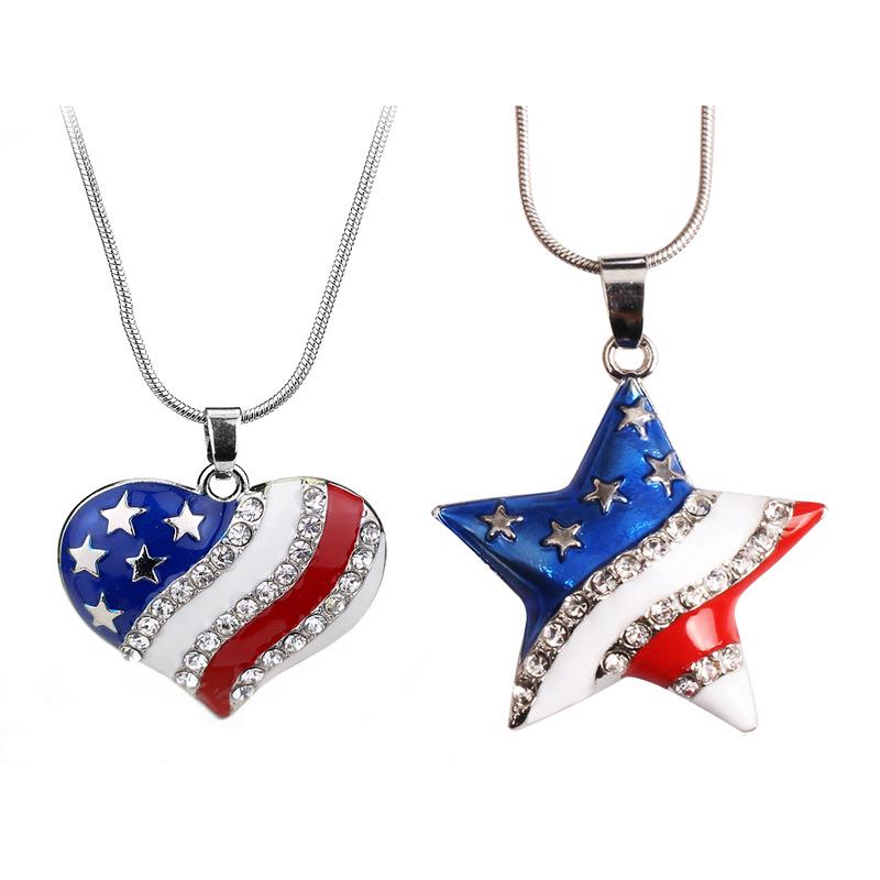 USA Flag Necklace US Love Heart Pentagram America Flag Necklace Full Iced Out Rhinestone Men Hip Hop Rock Pendant Neck Chains