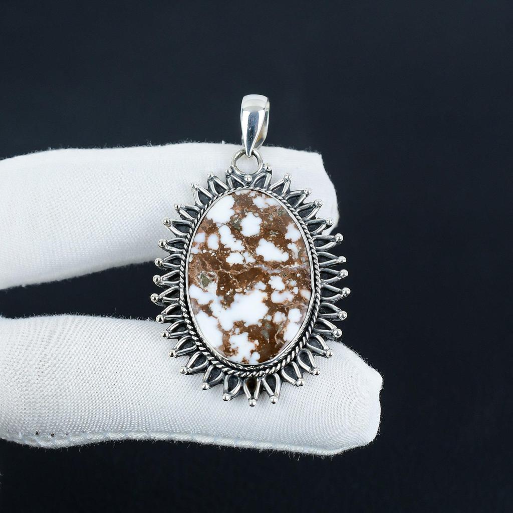 Delikatny wisiorek z kamieniem szlachetnym Jaspisu Dzikiego Konia ze srebra próby 925 - Ręcznie robiony owalny wzór, biżuteria do noszenia na co dzień, na imprezę, prezent