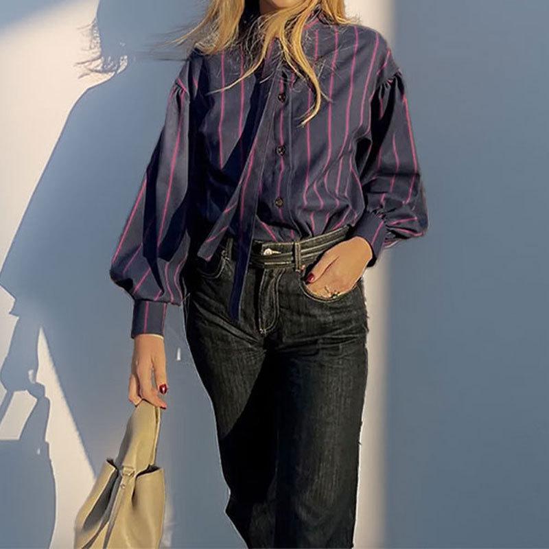 

Весна 2025 Европейская и американская женская рубашка в стиле ретро с рукавами-фонариками в полоску с завязками во французском стиле 2XL темно-синий