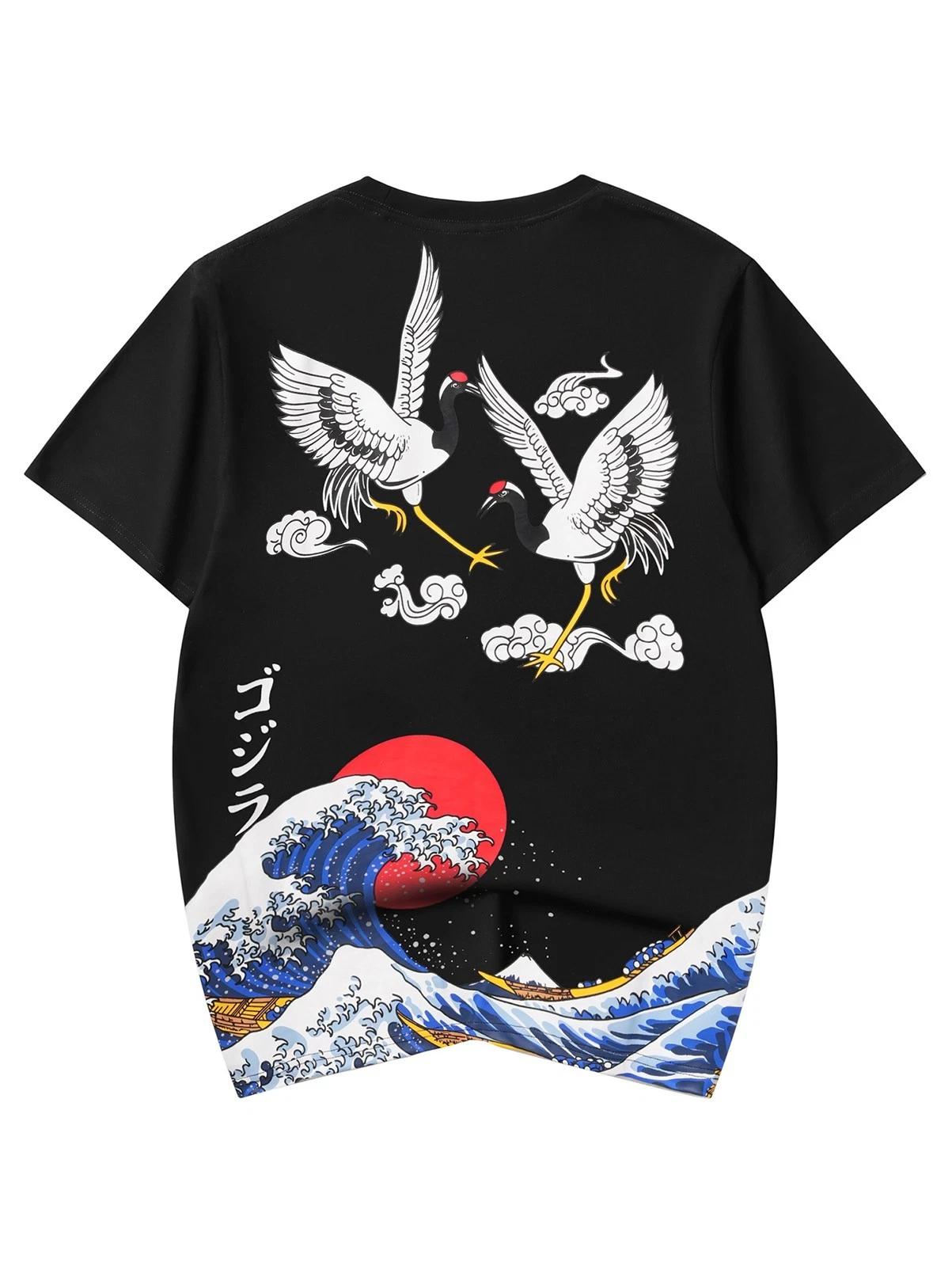 Niepce Men s Crane and Waves Graphic Tee Japanese Streetwear T-Shirt L