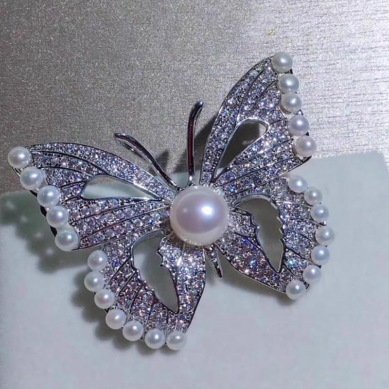Sparkling Diamond Butterfly Pearl Brooch Elegant Corsage Pendant Pin  Accessories