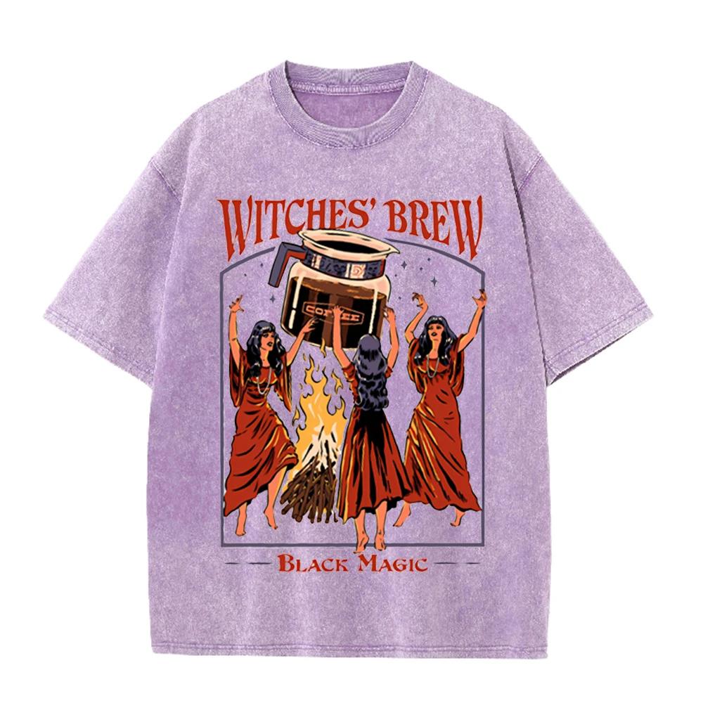 2026 Witches Brew Black Magic Vintage Halloween Graphic Washed T Shirt Retro Witch Coffee Print Oversized Casual Short Sleeve St