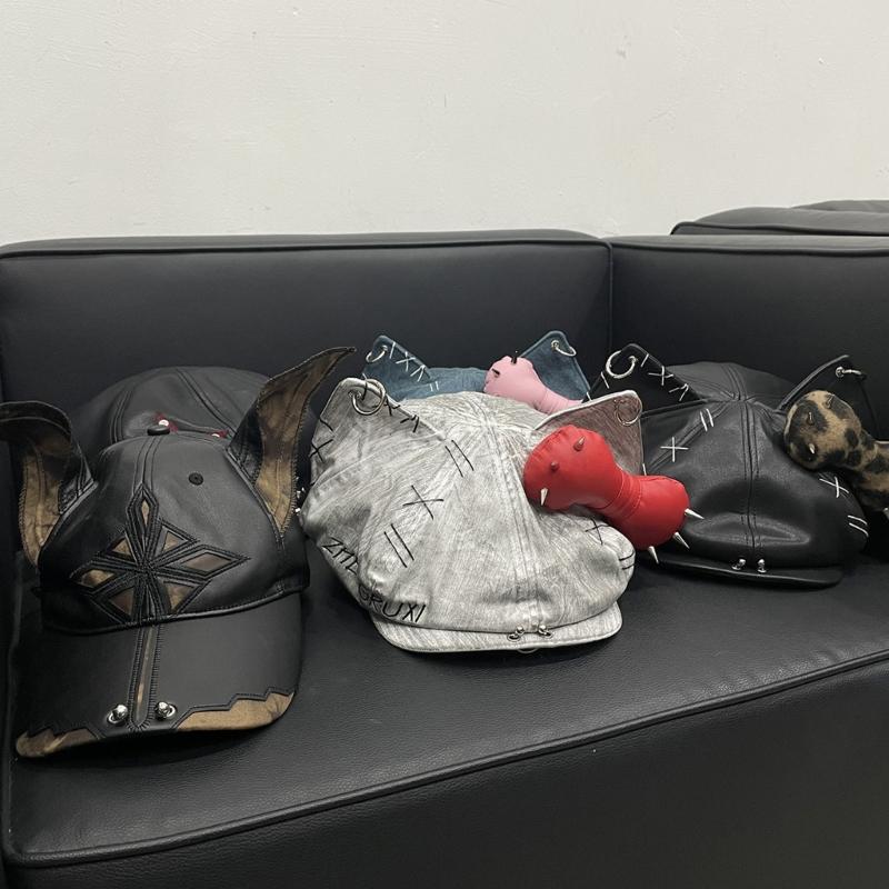 2000er Hundeohren Baseballkappe für Damen Herren Dystopische PU-Lederkappe Subkulturen Streetwear HipHop-Kappe Tägliche Party Kopfbedeckung