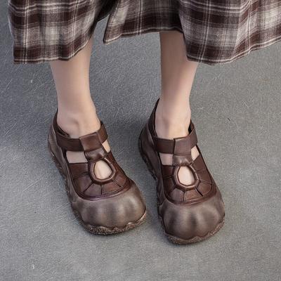 Thick Soled Retro Anti Slip Women's Flat Shoes Genuine Leather Versatile Roman Sandals
