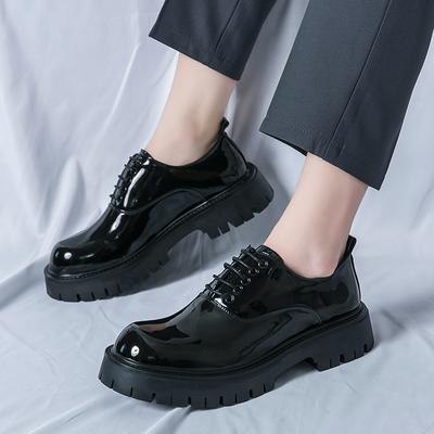 Fashion Classic Black Men Fashionable Glossy Lace Up Patent Leather Shoes Spring Men Comfortable Thick Soled Anti Slip Sponge Cake Shoes