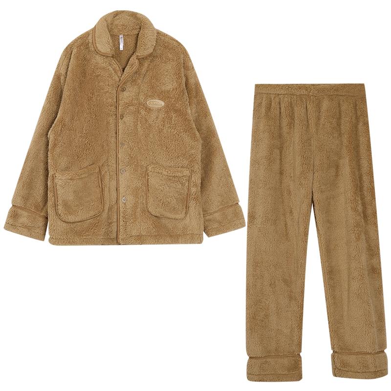 Hongdou Fleece Thickened Simple Couple Cardigan Warm Homewear Set Pajamas