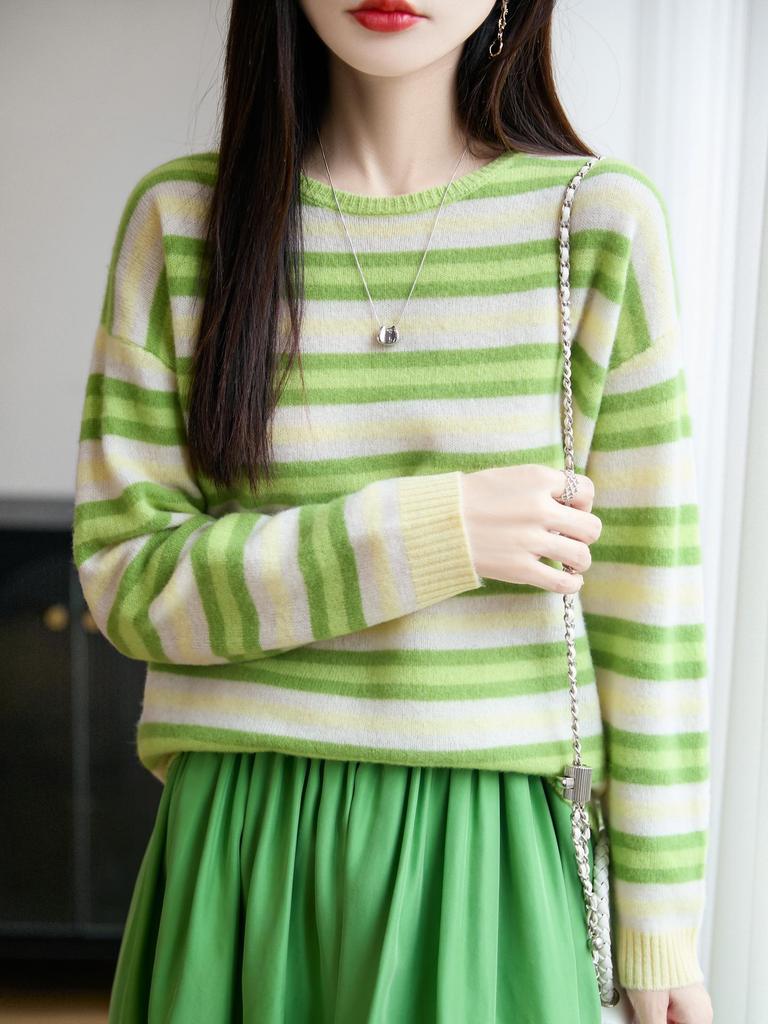 Women's Wool Striped Round Neck Pullover Sweater - Slimming, Long Sleeve Knit Top for Autumn/Winter
