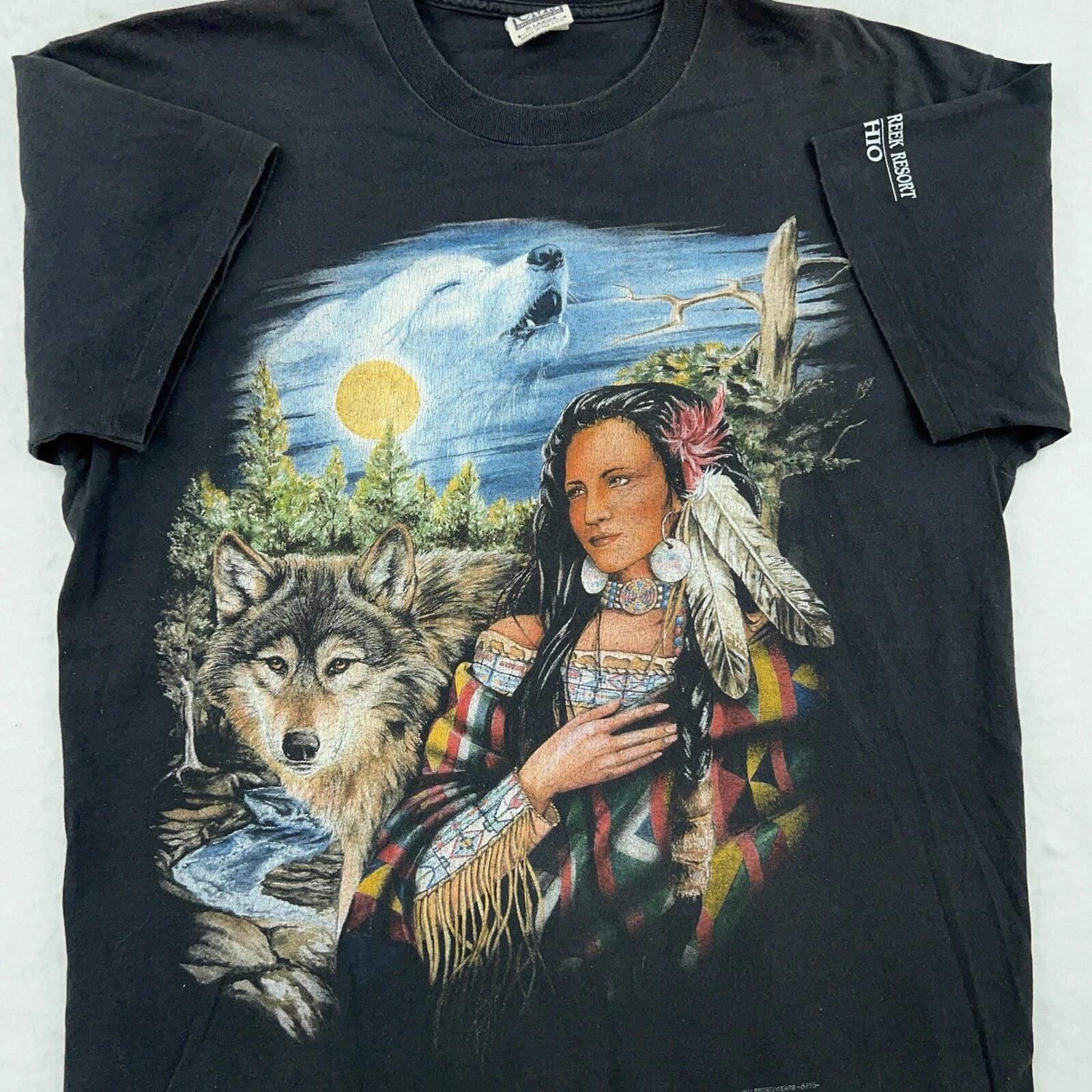vintage 90s NATIVE AMERICAN WOMAN WOLF T-Shirt XL single stitch nature 4XL