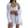 Summer Ladies Casual Three Piece Solid Color Suspender Shorts Long Sleeve Shirt Set Elegant And Comfortable
