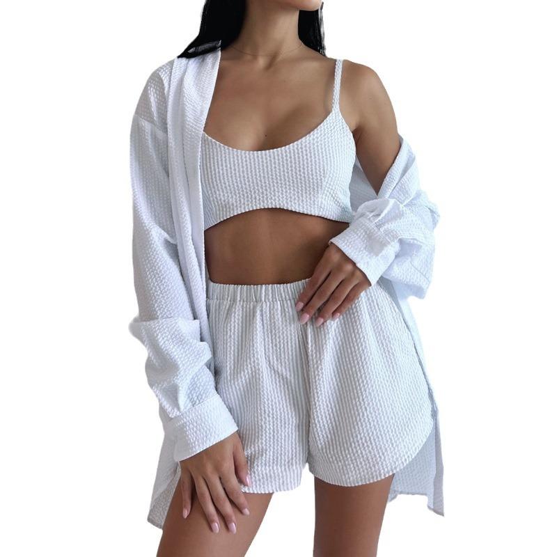 Summer Ladies Casual Three Piece Solid Color Suspender Shorts Long Sleeve Shirt Set Elegant And Comfortable