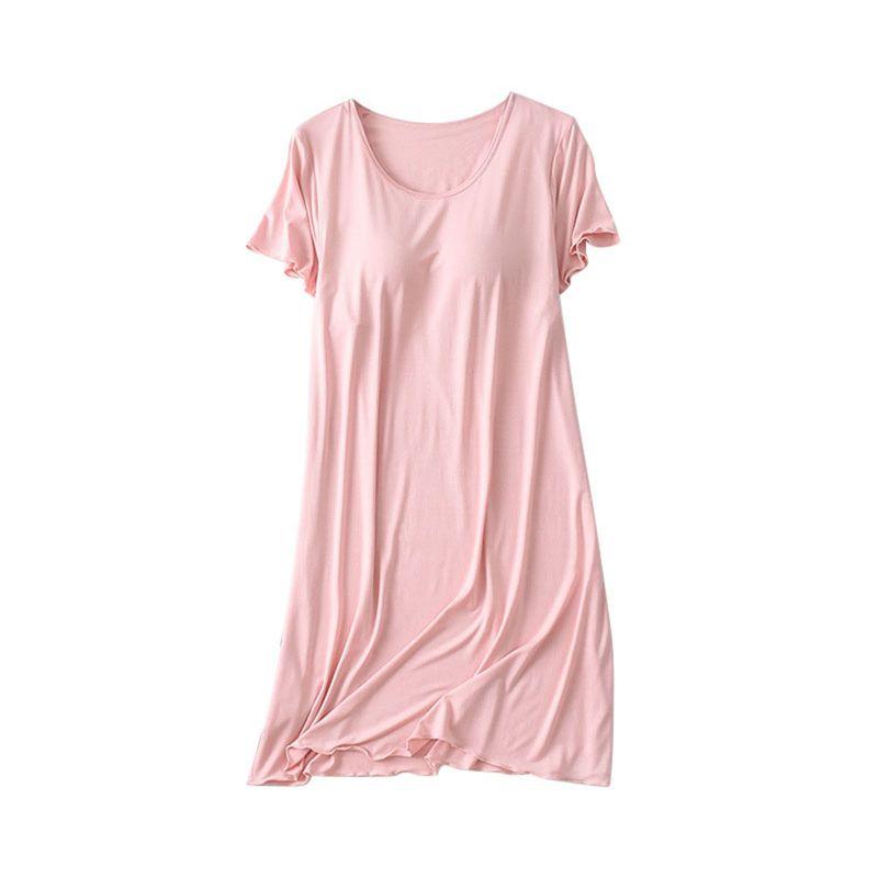 Women Casual Short Sleeve Nightgown Solid Color Pajama Dress with Bra Pad