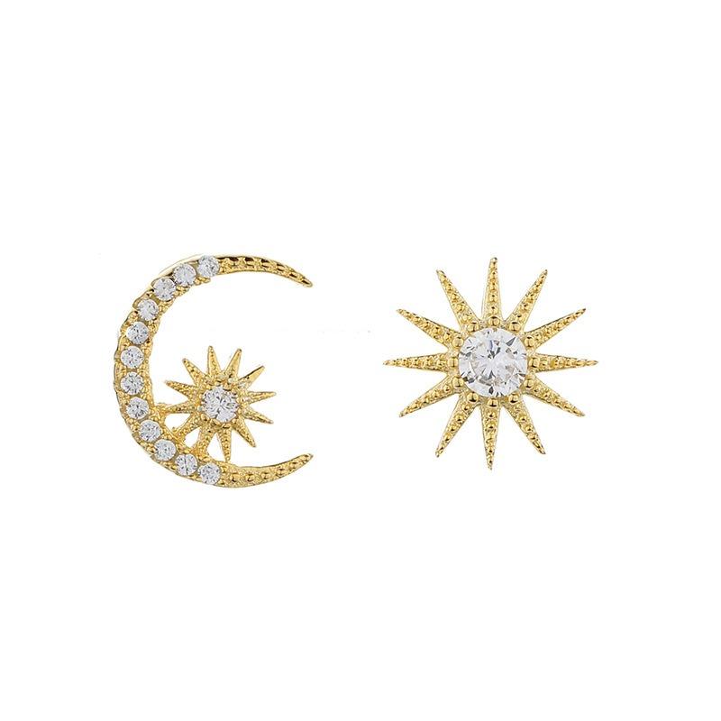 Asymmetric Star Moon Stud Earrings For Women Fashion Gold Plated Zircon Jewelry