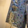 European Style High Waist Rhinestone Beaded Ripped Slimming Straight Mid-Length Pants