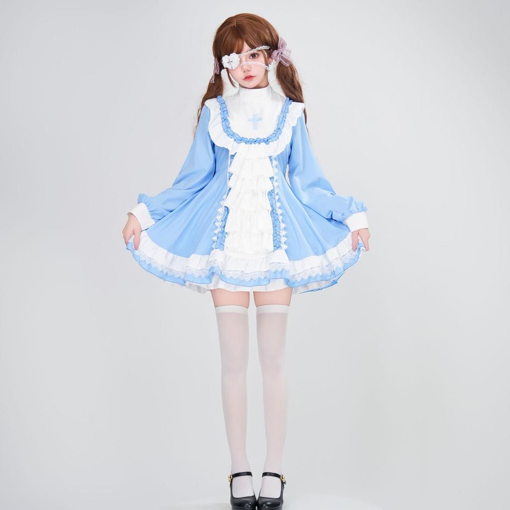 Milky Time Halloween Cosplay Costume for Women, Sister Maid with Eyepatch, Black and Light Blue