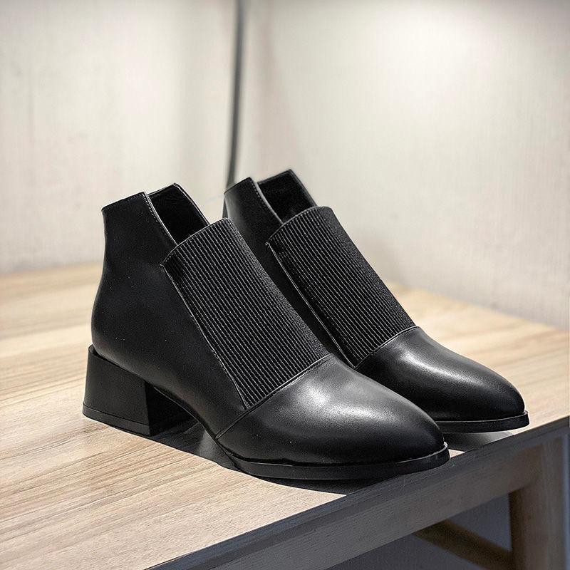 Women's Ankle Boots Leather Black Booties Fur Pointed Toe Female Short Shoes Elastic Comfortable and Elegant Goth Hot New in Y2k