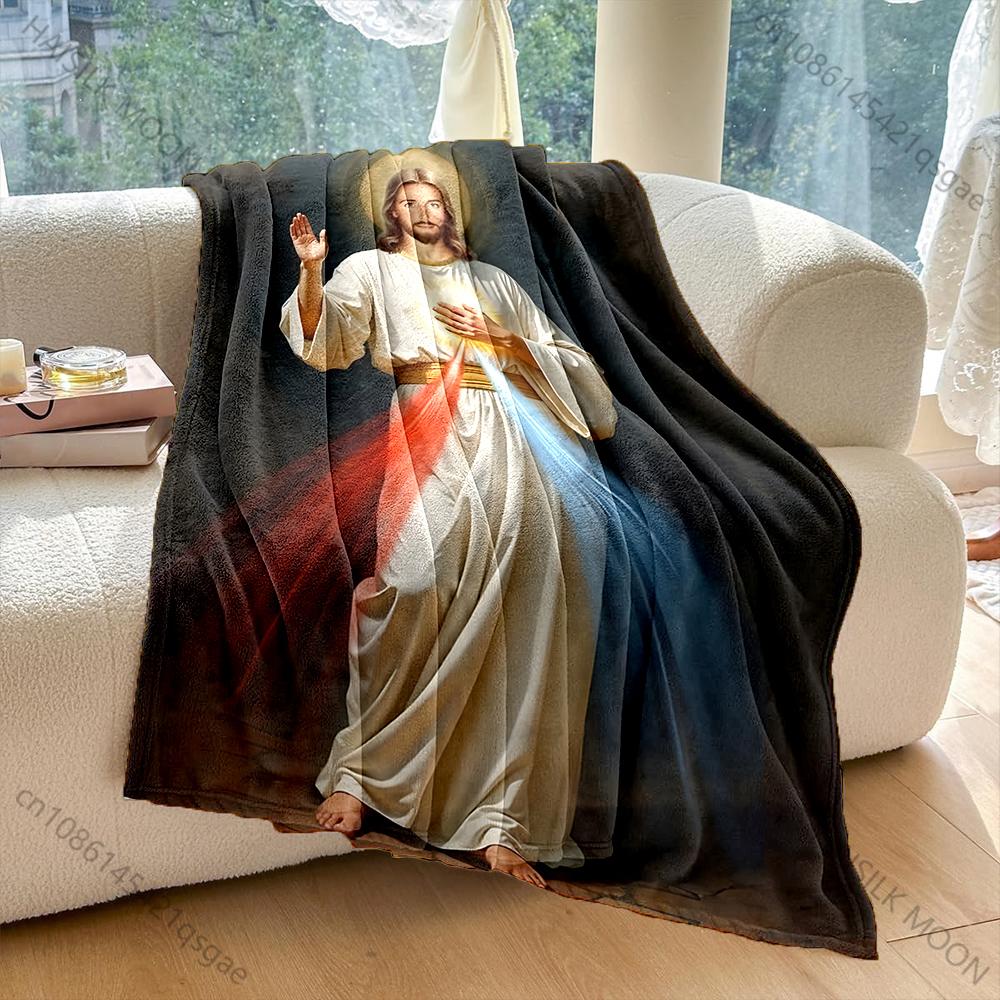 1PC Holy figure with red-blue rays Print Blanket Warm Soft Fluffy Kids Adult Sofa Bed Throw Blanket Outdoor Travel Camping RV