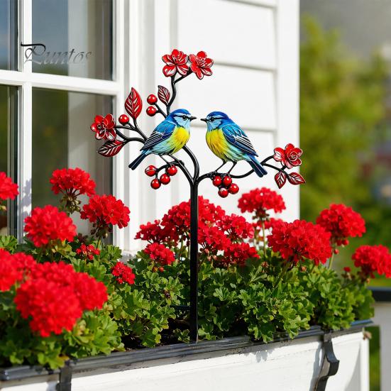 Elegant Yard Decoration Posts Metal Bird Garden Stake Decor, Weather Resistant Printed Flat Art Ornament, Rustproof Planter Non-fading Pot Insert for