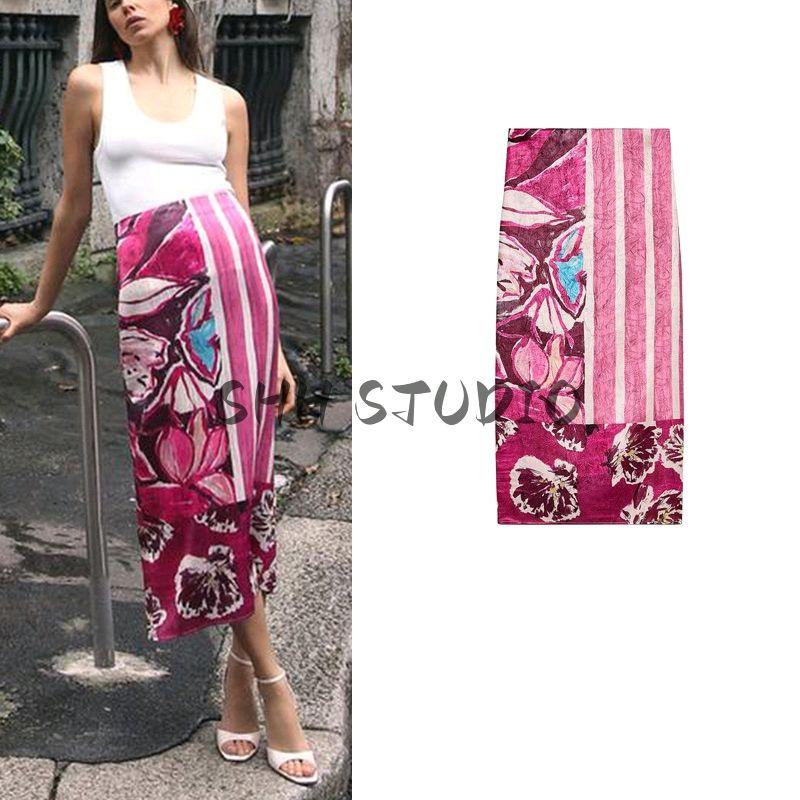 Spring Women clothes French style Back Slit Print Silk Satin Texture High Waist Straight Midi Skirt 3666068