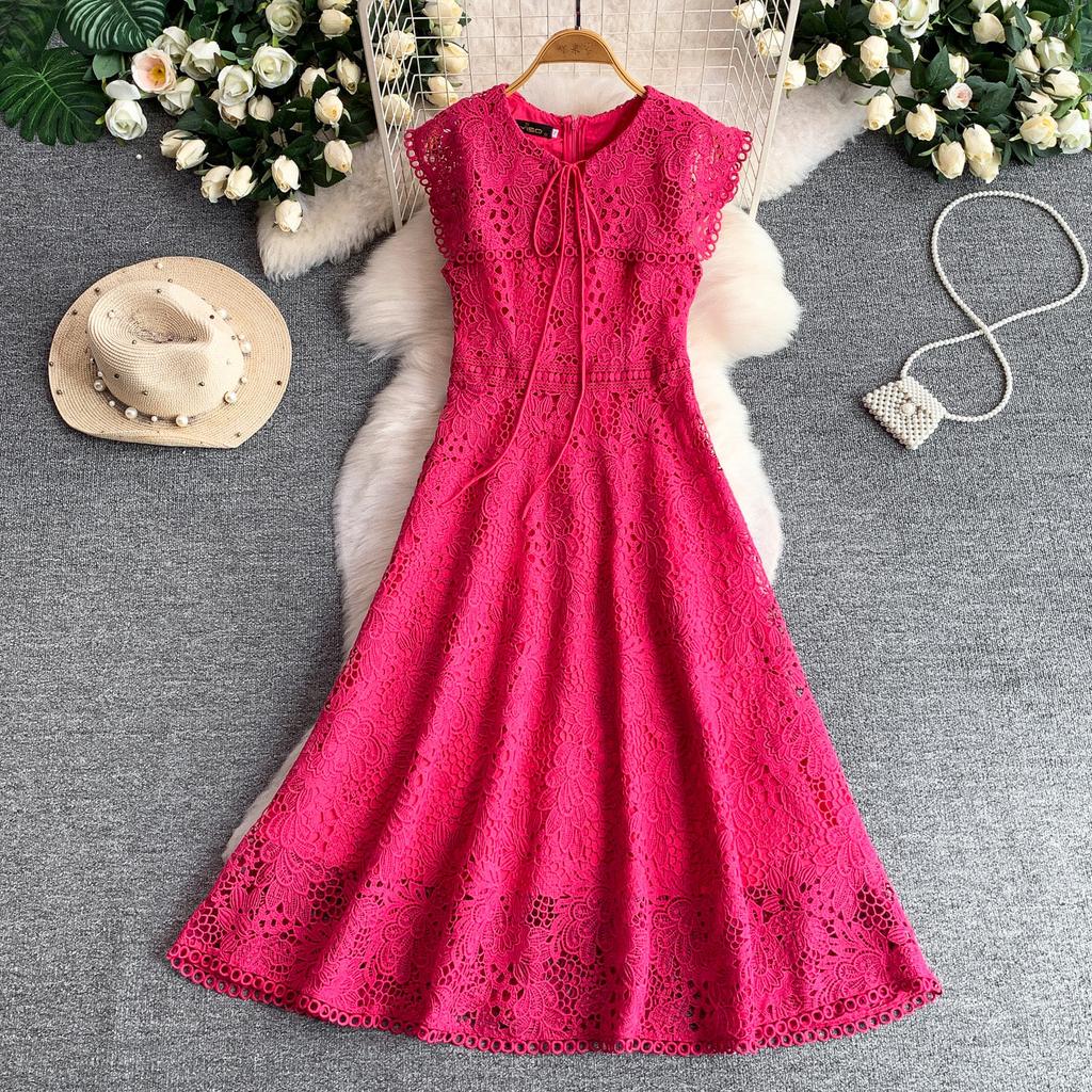 Elegant Lace Hollow Out Long Dresses Women's Holiday Short Sleeve Cape Embroidery Evening Party Summer Dress