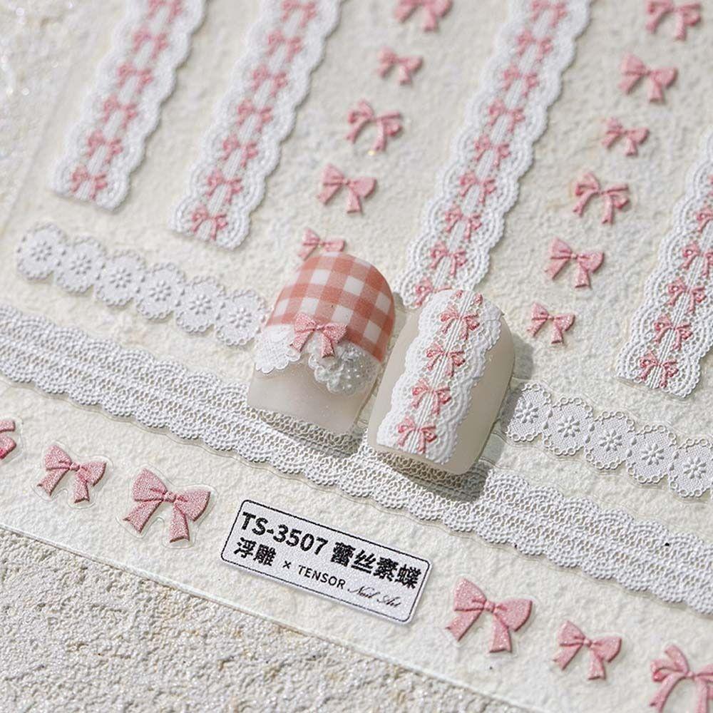 Pink White Black Lace Lace Bow Nail Stickers Love Heart Bow Nail Decorations  Nail Salon