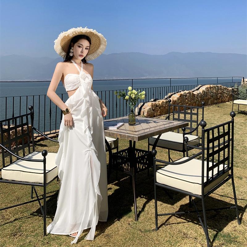 French Stunning Lotus Leaf Edge Chiffon Suspender Dress Summer Fairy Dew Waist Tube Top Holiday Dress Children
