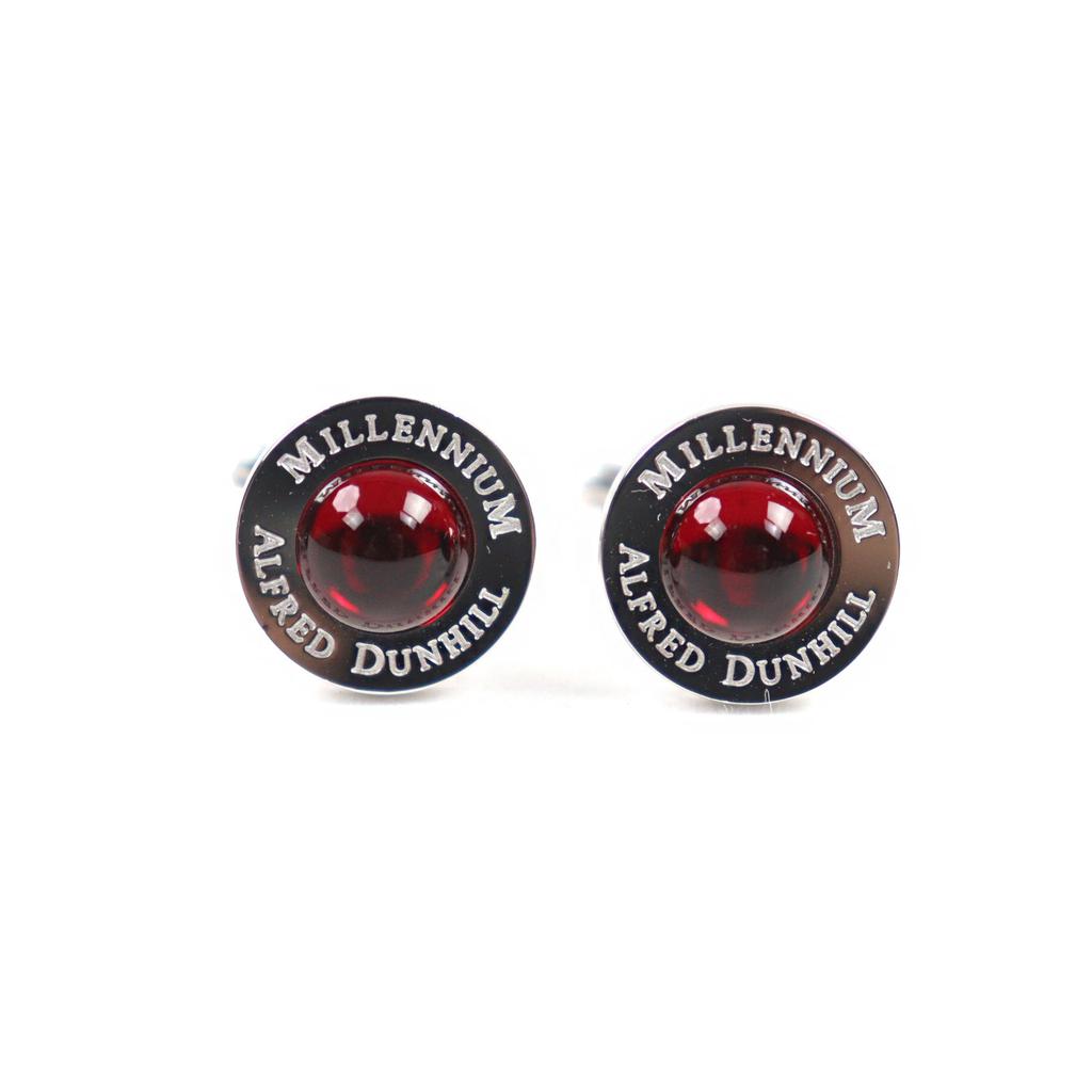 Excellent Dunhill Cufflinks  Engraved logo Round shape Silver Red Colored stone Used
