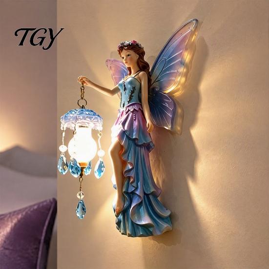 Romantic Bedroom Night Light Fairy Wall Light, Resin Elf Sculpture Lantern for Bedroom, 3D Elegant Entrance Hall Lighting Hanging Art Decor with Faux