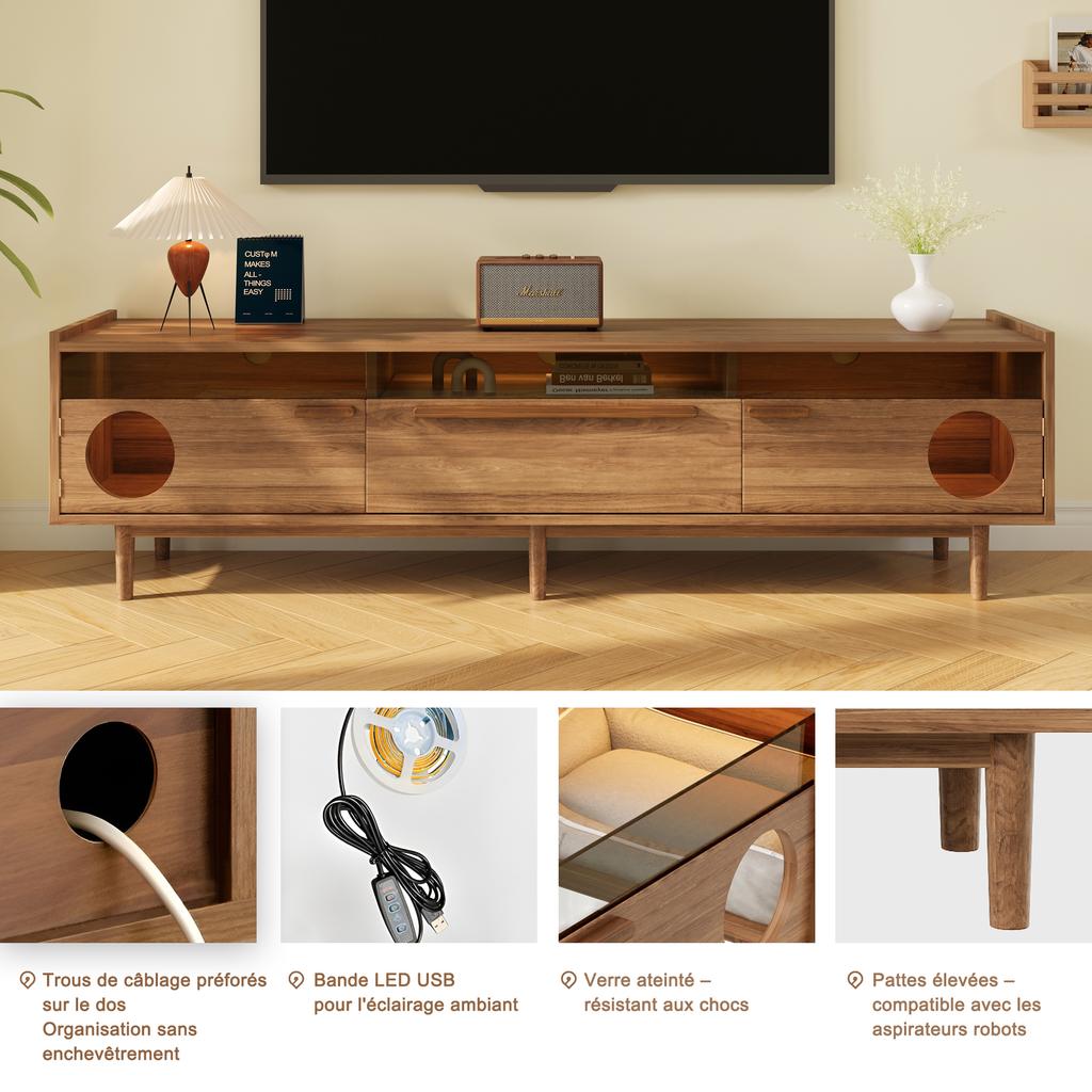 Mobile TV Moderno con Illuminazione LED, Spazio Riposo per Gatti, Ante in Vetro e 1 Cassetto (Cuscino per Gatto Non Incluso), Colore noce, 180x40x50 cm