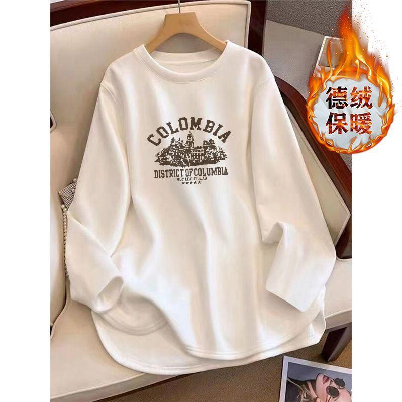 2025 New Thickened Brushed T-shirt Women's Autumn and Winter Loose Mid-length Long-sleeved Tops Bottoming Shirts
